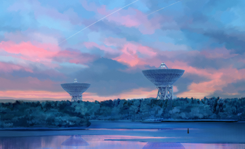 1other cloud cloudy_sky contrail dusk evening forest frozen_lake highres horizon kgt_(pixiv12957613) lake landscape mountain nature original reflection satellite_dish scenery sky solo very_wide_shot