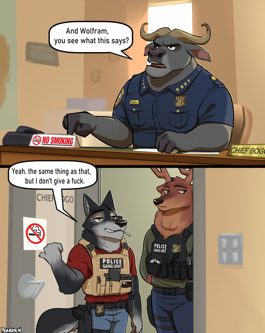 anthro axel_wolfram badge bovid bovine bulletproof_vest canid canine canis cape_buffalo cervine chief_bogo clothing deer detective dietrich_"red"_burkhart disney grizzlygus group hi_res holstered_pistol lethal_weapon male mammal no_smoking office police police_chief police_station police_uniform psakorn_tnoi red_deer smoking tactical_gear trio uniform wolf zootopia