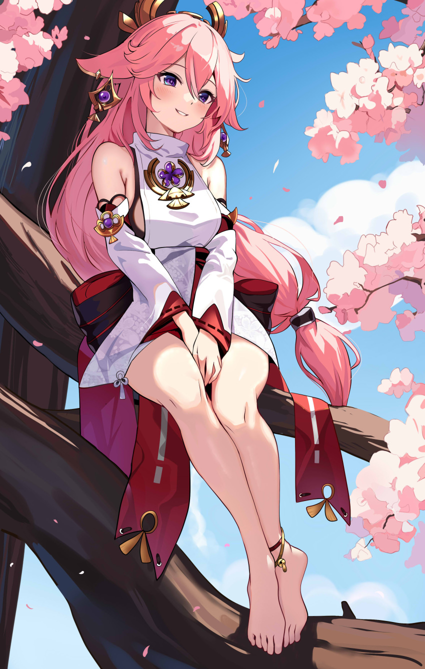 1girl absurdres anklet bare_legs barefoot blush cherry_blossoms day detached_sleeves floating_hair full_body gem genshin_impact grin hair_between_eyes hair_ornament highres in_tree japanese_clothes jewelry kimono long_hair long_sleeves low-tied_long_hair outdoors pink_hair purple_eyes purple_gemstone short_kimono sitting sitting_in_tree sleeveless sleeveless_kimono smile solo spring_(season) tree very_long_hair white_kimono white_sleeves wide_sleeves yabu_q yae_miko