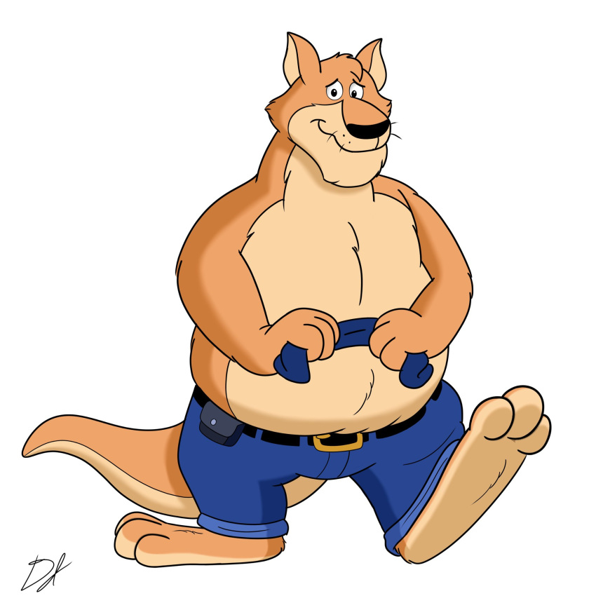 2023 anthro belly big_belly bottomwear brok_the_investigator brown_body clothing hi_res humanoid_hands kangaroo macropod male mammal marsupial overweight overweight_male pants simple_background sin_(brok_the_investigator) solo thedomjenkins