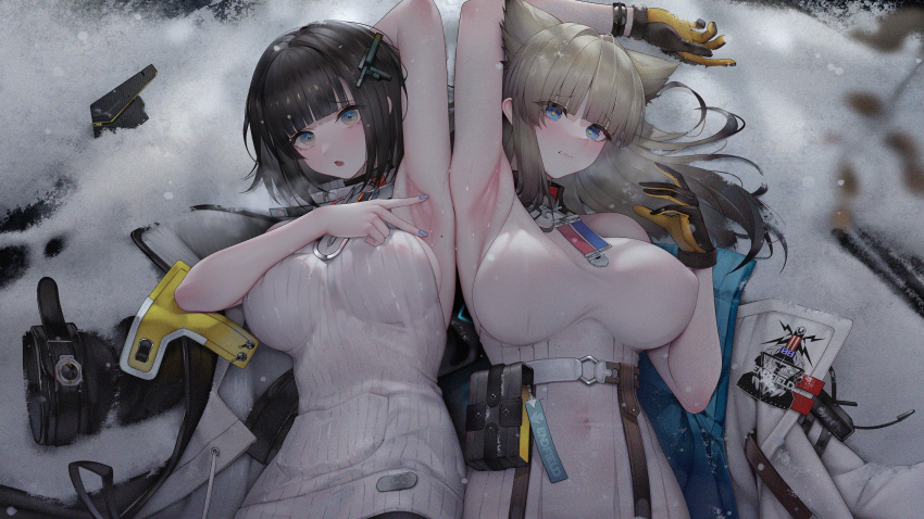 2girls animal_ear_fluff animal_ears arknights arknights:_endfield arm_up armpits belt binggong_asylum black_gloves black_hair black_jacket blue_eyes blunt_bangs blurry breasts brown_hair chinese_commentary closed_mouth commentary_request covered_navel depth_of_field dress embarrassed female_endministrator_(arknights) gloves gradient_eyes gradient_hair hair_ornament highres jacket large_breasts long_hair looking_at_viewer lying multicolored_eyes multicolored_hair multiple_girls on_back open_mouth perlica_(arknights) presenting_armpit sleeveless sleeveless_dress snow spread_armpit two-tone_gloves unworn_jacket upper_body utility_belt white_dress white_jacket yellow_gloves