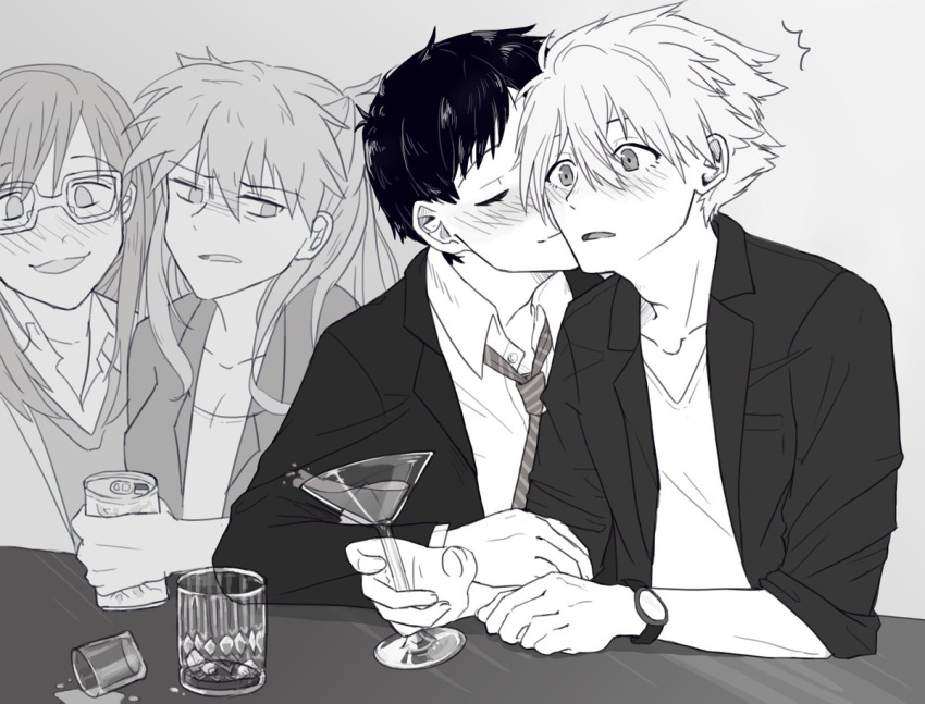 2boys 2girls aged_up character_request cup drinking_glass glasses gorgonz0laaa greyscale ikari_shinji kiss makinami_mari_illustrious male_focus monochrome multiple_boys multiple_girls nagisa_kaworu necktie neon_genesis_evangelion simple_background souryuu_asuka_langley surprise_kiss surprised watch wine_glass wristwatch