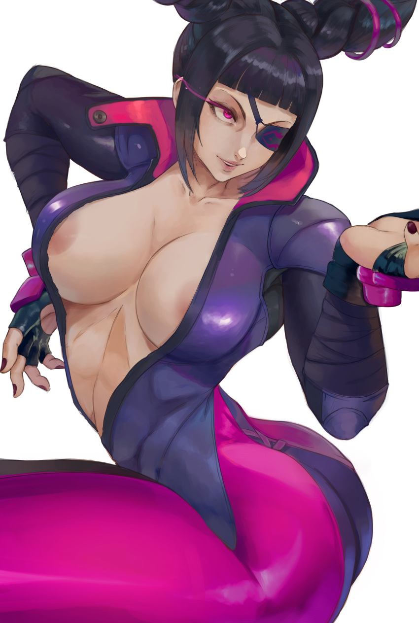 1girl absurdres alterlesott black_hair breasts cleavage eyepatch fingerless_gloves gloves glowing glowing_eye han_juri highres jumpsuit nipple_slip nipples one_eye_covered pink_eyes ponytail street_fighter street_fighter_v