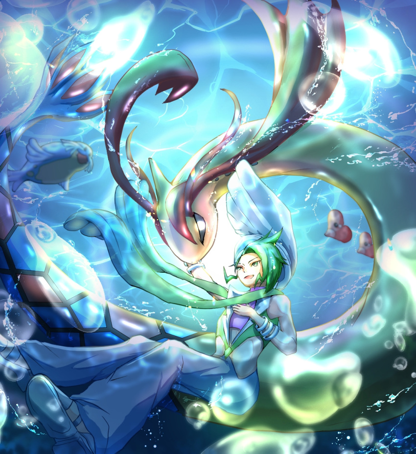 1boy bo_(bouillustration) bubble commentary_request green_hair green_scarf hat heart highres long_scarf luvdisc milotic pokemon pokemon_(creature) pokemon_(game) pokemon_emerald pokemon_rse scarf seal_(animal) sealeo short_hair smile sunlight underwater