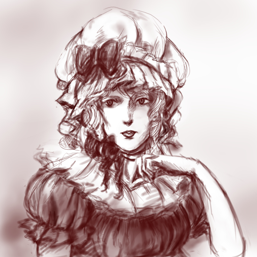 1girl absurdres collar dress frilled_collar frills greyscale hat hat_ribbon highres looking_at_viewer mob_cap monochrome puffy_short_sleeves puffy_sleeves ribbon rye_(hyn_uka) short_sleeves solo touhou victorian yakumo_yukari