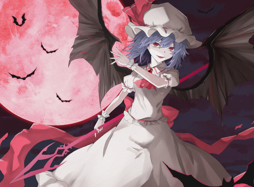 :d absurdres ascot bat_(animal) bat_wings commentary english_commentary full_moon hat hat_ribbon highres holding holding_weapon kuro_wa_shinoru looking_at_viewer mob_cap moon open_mouth outdoors purple_hair red_ascot red_eyes red_moon red_ribbon remilia_scarlet ribbon shirt short_hair short_sleeves skirt smile spear_the_gungnir touhou weapon white_headwear white_shirt white_skirt wings