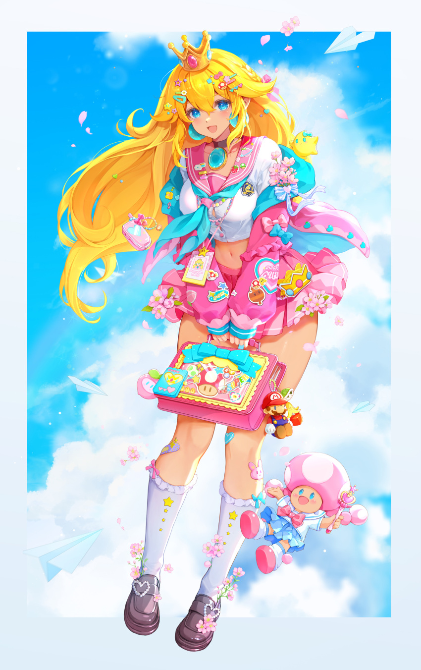 1girl :d alternate_costume blonde_hair blue_eyes blue_sky brown_footwear cloud commentary_request crown day full_body hair_between_eyes highres loafers long_hair looking_at_viewer mario_(series) midriff mushroommirror navel open_mouth pink_sailor_collar pink_skirt princess_peach sailor_collar school_uniform serafuku shoes skirt sky smile