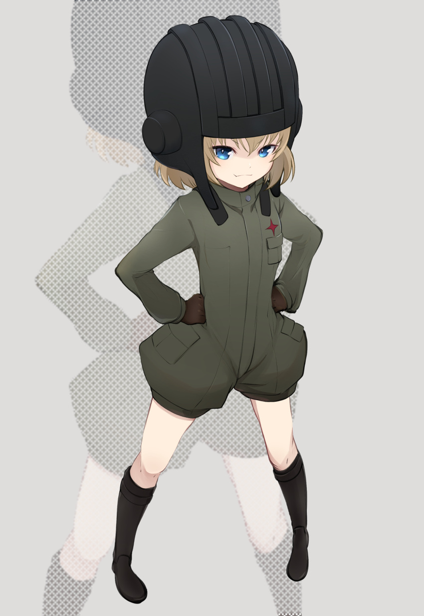 1girl absurdres black_gloves black_headwear blonde_hair blue_eyes bob_cut closed_mouth commentary fang full_body girls_und_panzer gloves green_jumpsuit grey_background hands_on_own_hips helmet highres jumpsuit katyusha_(girls_und_panzer) looking_at_viewer pravda_military_uniform sankon_(choko-noki) short_hair short_jumpsuit simple_background skin_fang smile solo standing tank_helmet zoom_layer