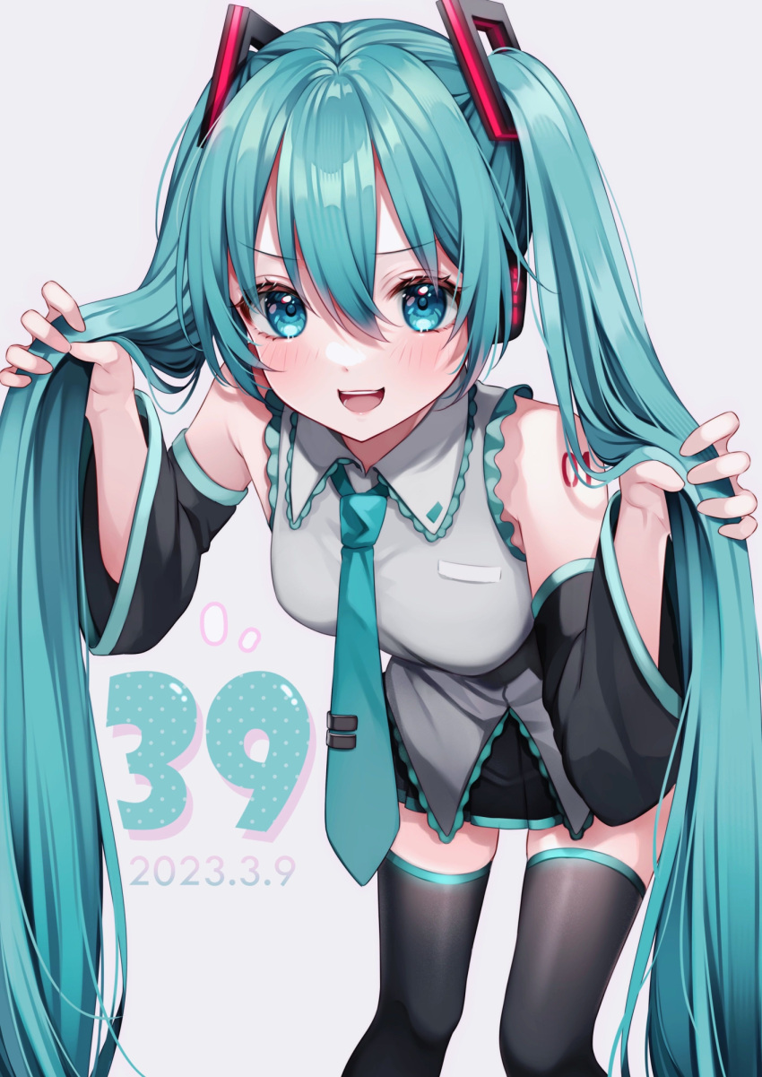 1girl 39 absurdly_long_hair aqua_eyes aqua_hair aqua_necktie bare_shoulders black_skirt black_sleeves black_thighhighs breasts commentary dated detached_sleeves feet_out_of_frame hands_up hatsune_miku headset highres holding holding_hair leaning_forward long_hair looking_at_viewer miku_day necktie number_tattoo open_mouth pleated_skirt sasakichi_(ssk_chi) shirt shoulder_tattoo simple_background skirt sleeveless sleeveless_shirt solo standing tattoo teeth thighhighs twintails upper_teeth_only very_long_hair vocaloid zettai_ryouiki