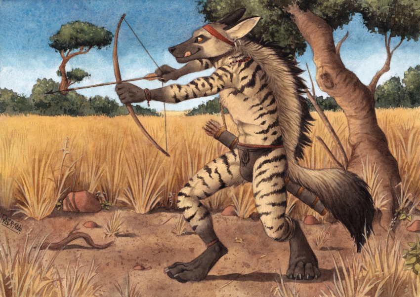 0laffson aardwolf anthro arrow_(weapon) bottomwear bow_(weapon) clothing digitigrade feral hyena loincloth male mammal plant quiver_(arrows) ranged_weapon reptile scalie snake solo traditional_media_(artwork) tree weapon