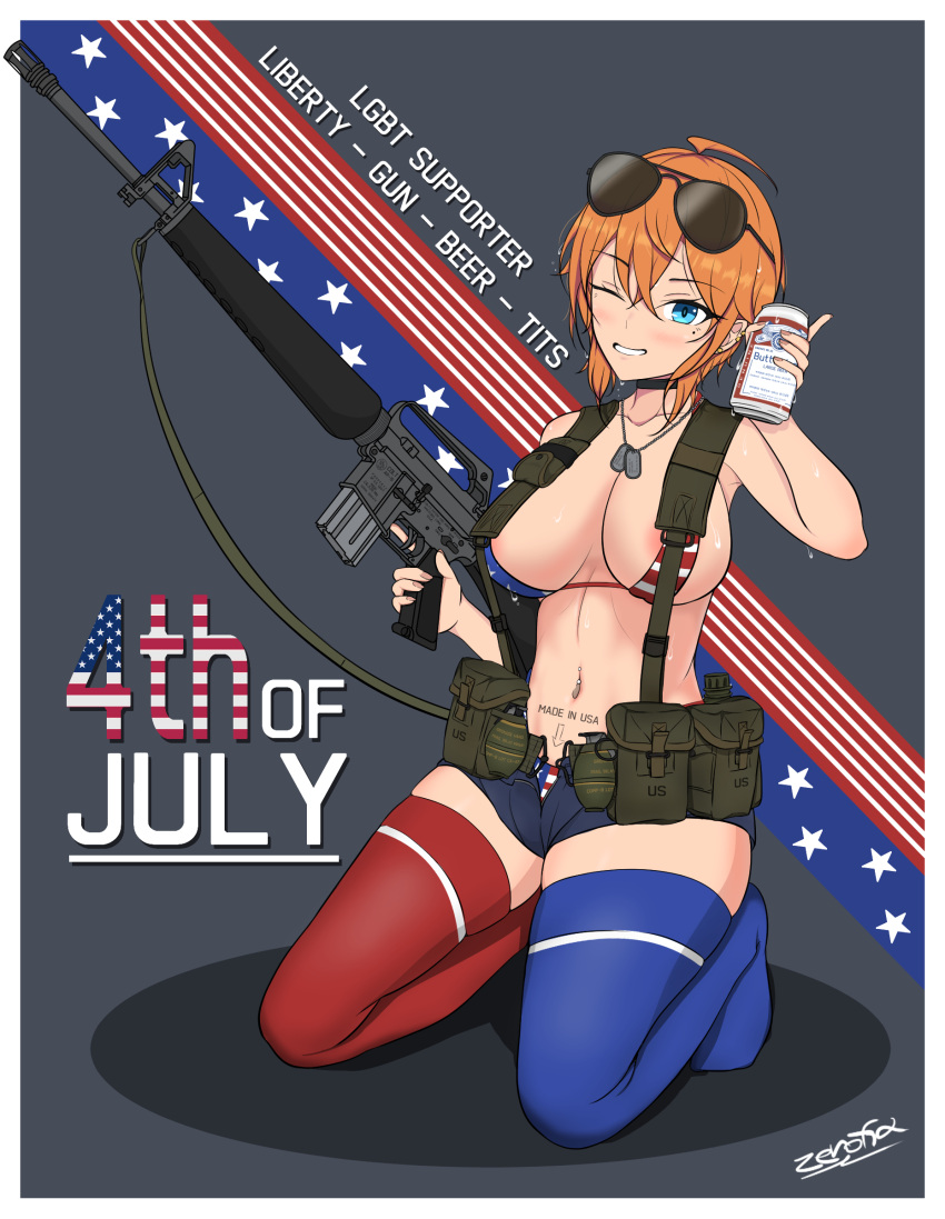 1girl absurdres ahoge american_flag_bikini ammunition_pouch areola_slip arrow_(symbol) assault_rifle asymmetrical_legwear beer_can bikini bikini_under_clothes blue_shorts blue_thighhighs breasts can dog_tags ear_piercing english_text explosive eyewear_on_head flag_print grenade gun highres holding holding_can holding_gun holding_weapon large_breasts load_bearing_equipment m16 micro_shorts mismatched_legwear mole mole_under_eye navel navel_piercing one_eye_closed orange_hair original piercing pouch pun red_thighhighs rifle short_hair shorts smile solo stomach_tattoo sunglasses swimsuit tattoo thighhighs weapon zerofid