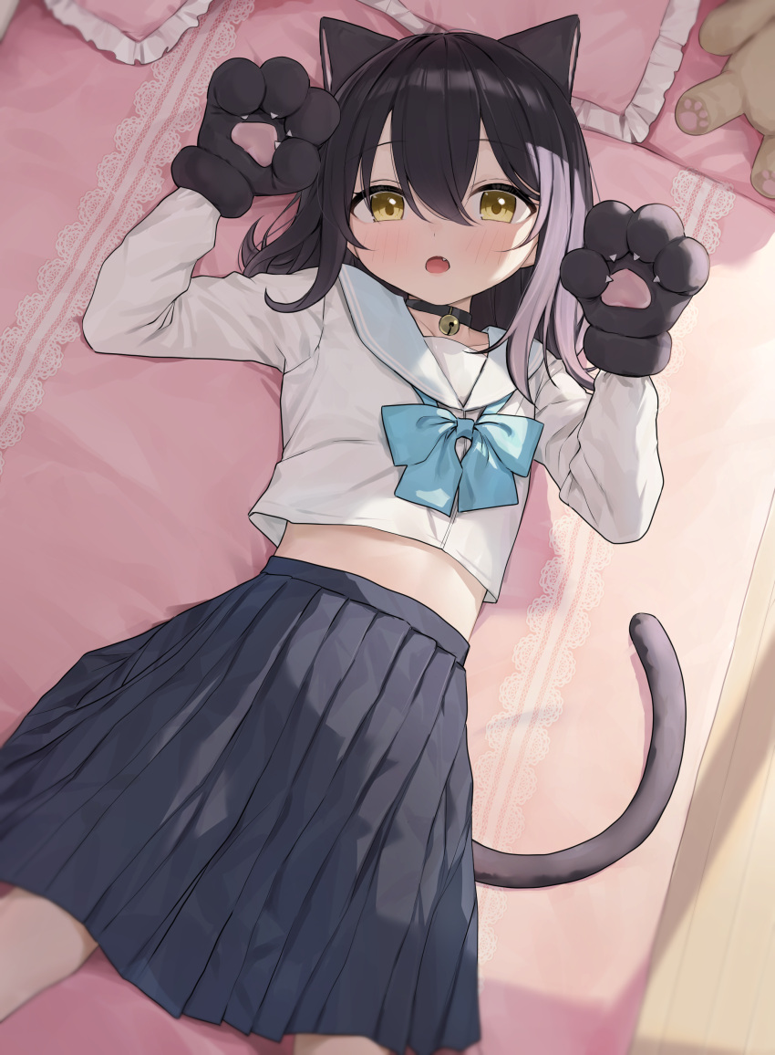 1girl :o absurdres animal_ears animal_hands arm_up bell black_choker black_gloves black_hair black_skirt blue_bow blue_sailor_collar blush bow cat_ears cat_tail choker collarbone commentary_request fang frilled_pillow frills gloves hair_between_eyes hand_up highres jingle_bell long_hair looking_at_viewer lying midriff_peek neck_bell on_back open_mouth original paw_gloves pillow pleated_skirt sailor_collar school_uniform serafuku shirt skirt solo stuffed_animal stuffed_toy tail takenoko_no_you teddy_bear white_shirt yellow_eyes