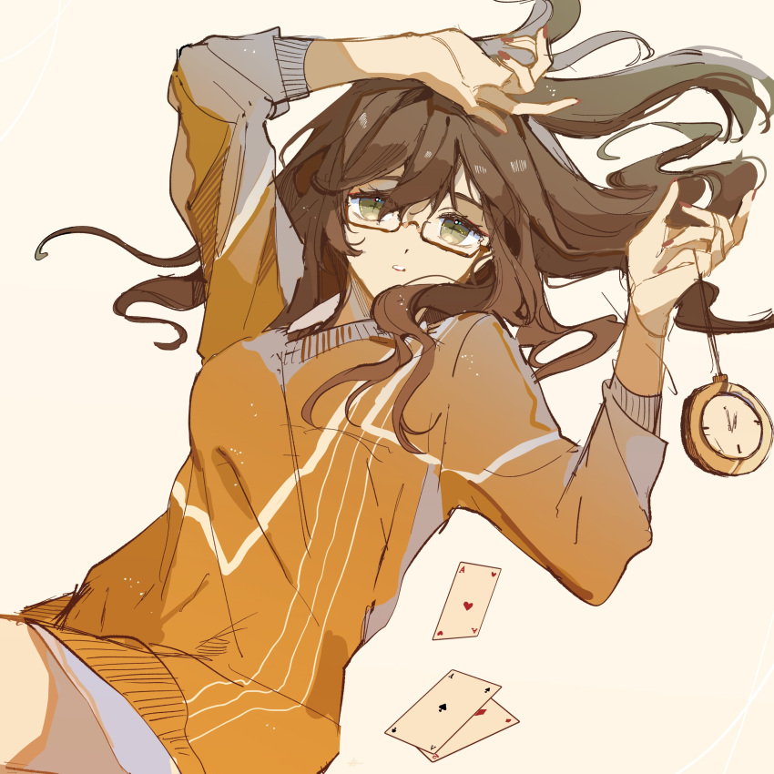 1girl absurdres ace_of_diamonds ace_of_hearts ace_of_spades arms_up brown-framed_eyewear brown_background brown_eyes brown_hair card commentary_request diamond_(shape) glasses hair_between_eyes heart highres holding long_hair long_sleeves looking_at_viewer lys_vyn orange_shirt parted_lips playing_card pocket_watch rosa_(tears_of_themis) semi-rimless_eyewear shirt simple_background solo spade_(shape) tears_of_themis under-rim_eyewear watch