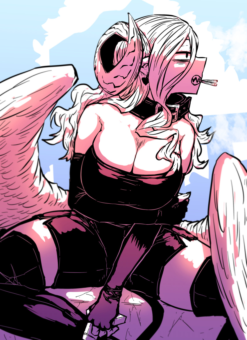 1girl arm_under_breasts black_tail blue_sky boots breasts choker cigarette cigarette_pack demon_girl demon_horns demon_tail detached_sleeves feathered_wings fingerless_gloves from_side gloves highres holding_own_arm horns kewpie_(mazohaha) large_breasts limited_palette long_hair looking_away looking_to_the_side medium_breasts musuko_ga_kawaikute_shikatanai_mazoku_no_hahaoya sitting sky smoking tail thigh_boots thighhighs white_hair wings zyugoya