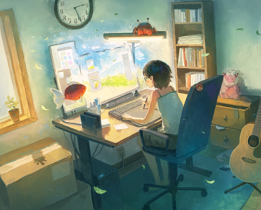 1girl black_hair book chair clock computer crab desk desk_lamp drawing drawing_tablet fish fjsmu flaaffy glasses goldfish green_shirt green_shorts guitar highres holding holding_stylus indoors instrument keyboard_(computer) lamp monitor office_chair original plant pokemon pokemon_(creature) potted_plant scenery shelf shirt short_hair shorts sitting solo spaghetti_strap stuffed_animal stuffed_toy stylus swivel_chair window