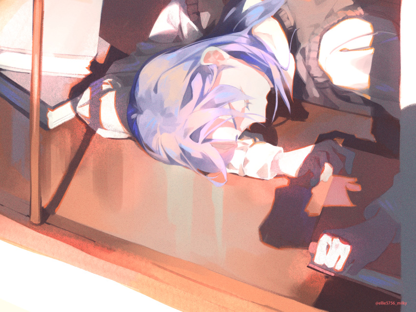 1girl 1other book brown_sweater_vest closed_eyes commentary_request ellie_niunai_zhuyi_zhe highres long_hair long_sleeves original purple_hair school_uniform shadow shirt sleeping solo sweater_vest white_shirt