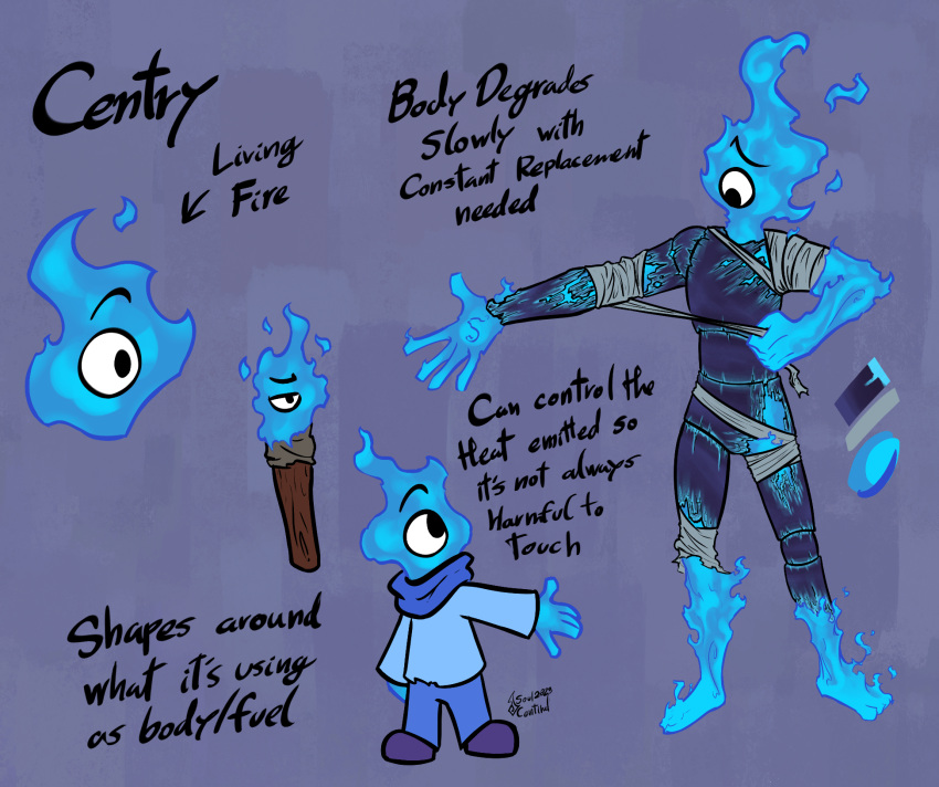 2023 bandage blue_fire clothed clothing colored_fire elemental_creature elemental_humanoid english_text fire grey_background hi_res humanoid looking_at_self male model_sheet mouthless signature simple_background solo soulcentinel standing text torch