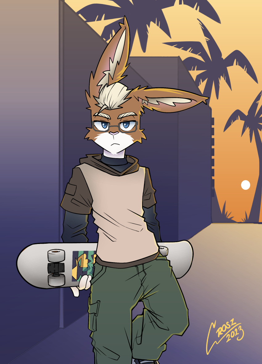 absurd_res andrew_wilde anthro beach blue_eyes bottomwear brown_body clothed clothing eyewear footwear glasses green_bottomwear green_clothing green_pants hair hi_res lagomorph leporid male male/male mammal muscular muscular_male pants rabbit relejo13 seaside shoes skateboard sneakers solo white_body white_hands