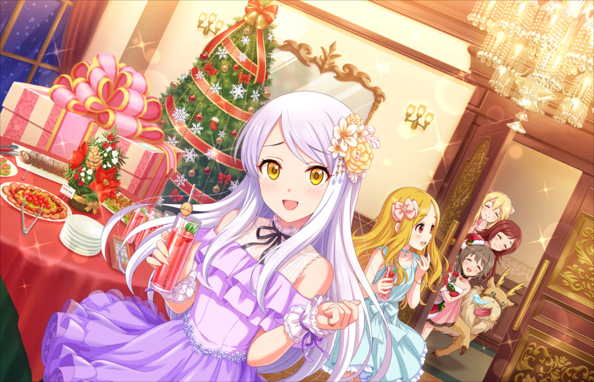 +_+ 5girls armband blitzen blonde_hair blue_dress blush brown_hair chandelier christmas_tree clarice_(idolmaster) closed_eyes cup dress drink eve_santaclaus flower gift glass hair_flower hair_ornament holding holding_cup idolmaster idolmaster_cinderella_girls imura_setsuna long_hair multiple_girls neck_ribbon nose_bubble official_art open_door open_mouth pinecone pink_dress plate poinsettia purple_dress red_hair reindeer ribbon senkawa_chihiro snack tongs white_hair yellow_eyes