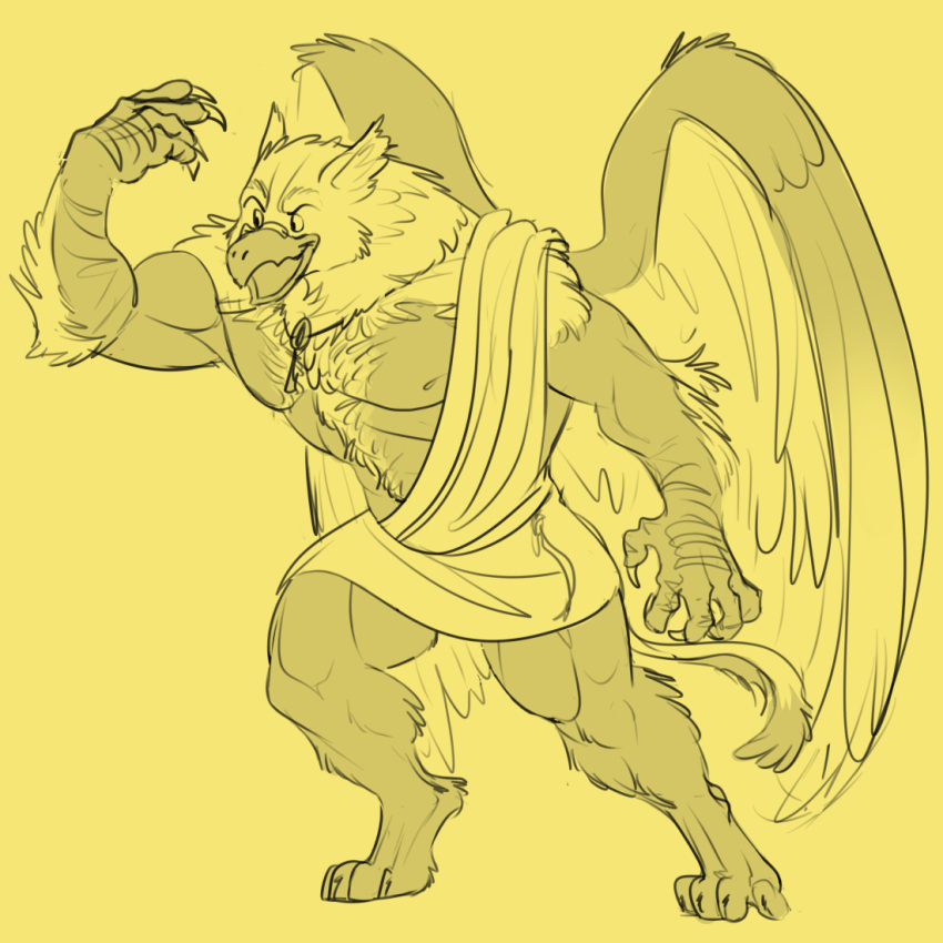 1:1 anthro avian awarebear beak big_wings claws clothing collar feathers gryphon male muscular muscular_anthro muscular_male mythological_avian mythology nipples sharp_claws simple_background solo tail toga were weregryphon wings yellow_background