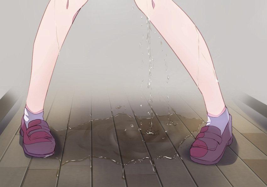 1girl commentary_request legs_apart original pee peeing peeing_self puddle purple_footwear shoes socks solo watakarashi white_socks