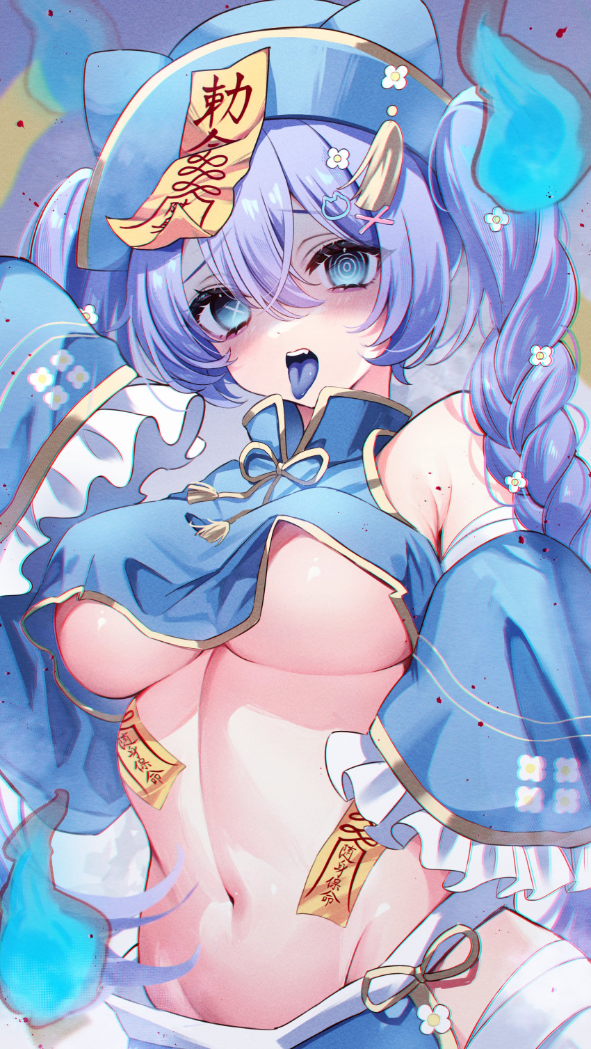 1girl absurdres bare_shoulders blue_eyes blue_headwear blue_tongue braid breasts chinese_clothes colored_tongue crop_top detached_sleeves eneru_(enepuni) gold_trim hair_between_eyes halloween_costume hat highres jiangshi_costume large_breasts long_hair navel ofuda original purple_hair qing_guanmao shaded_face sleeves_past_fingers sleeves_past_wrists solo stomach twin_braids twintails underboob