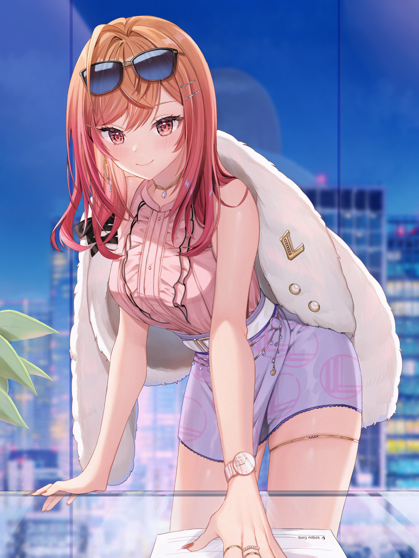 1girl absurdres bare_shoulders blurry blurry_background blush breasts cityscape coat coat_on_shoulders earrings eyewear_on_head fur_coat glass_table gradient_hair hair_ornament hairclip high-waist_skirt highres hololive hololive_dev_is ichijou_ririka jewelry large_breasts leaning_forward long_hair looking_at_viewer multicolored_hair nail_polish orange_eyes orange_hair orange_nails pendant_choker pink_shirt purple_skirt reaching reaching_towards_viewer red_eyes red_hair ring runlan_0329 shirt shirt_tucked_in single_earring skirt sleeveless sleeveless_shirt smile solo sunglasses table thighlet virtual_youtuber watch wristwatch