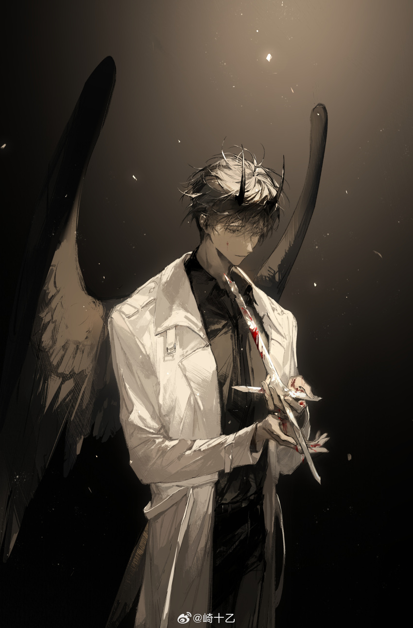 1boy absurdres black_hair black_shirt blood blood_on_hands cowboy_shot cross glint highres horns jacket kim_dokja long_sleeves looking_down male_focus omniscient_reader's_viewpoint shirt short_hair solo sparkle weibo_7470661336 white_jacket wings