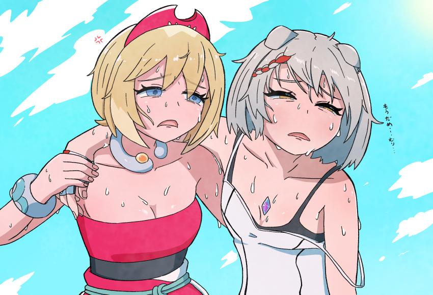 2girls animal_ears arm_over_shoulder bangle blonde_hair blue_eyes blue_sky bracelet braid breasts camisole cat_ears check_commentary chest_jewel cloud collarbone commentary commentary_request crossover dress exhausted eyelashes gem grey_hair hair_between_eyes hairband headband highres hot irida_(pokemon) jewelry mio_(xenoblade) multiple_girls neck_ring necklace off_shoulder ookinaopanda open_mouth pokemon pokemon_(game) pokemon_legends:_arceus red_dress red_hairband sash short_hair shoulder_strap sky sleeveless sleeveless_dress small_breasts squinting strap strap_slip strapless strapless_dress sweat translation_request upper_body very_sweaty white_camisole xenoblade_chronicles_(series) xenoblade_chronicles_3 yellow_eyes