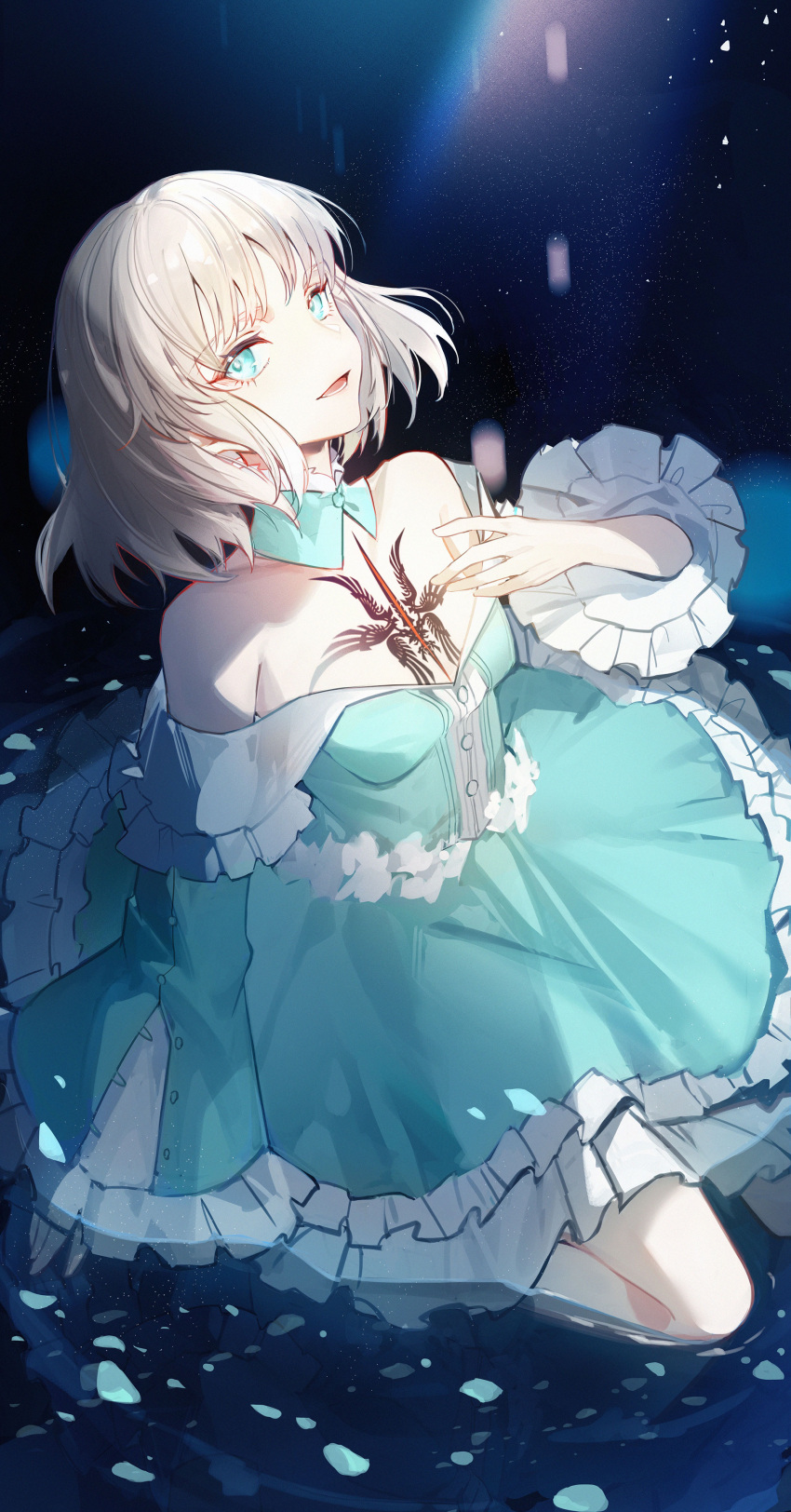 1girl absurdres bare_shoulders black_dress blonde_hair blue_eyes blurry depth_of_field detached_collar dress fate/prototype fate/prototype:_fragments_of_blue_and_silver fate_(series) frilled_dress frilled_sleeves frills hand_on_own_chest highres kiki7 looking_at_viewer lower_teeth_only medium_hair open_mouth sajou_manaka smile teeth