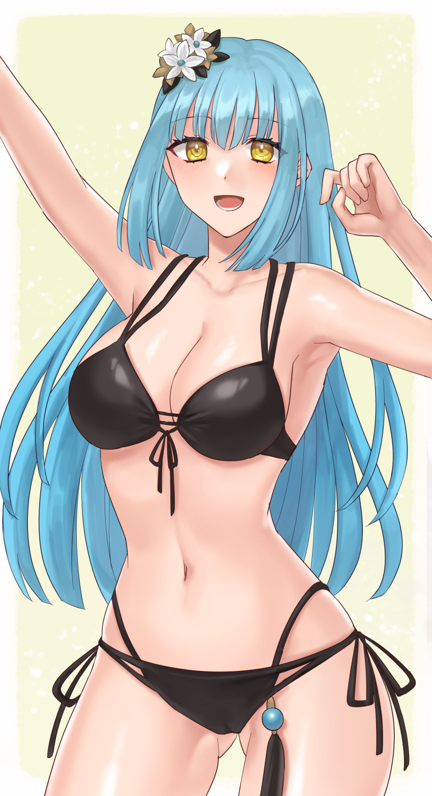 1girl :d absurdres arm_up ass_visible_through_thighs bikini black_bikini blue_hair breasts cameltoe commentary_request commission eiyuu_densetsu gloves hair_ornament hazuki_(nyorosuke) highres kuro_no_kiseki kuro_no_kiseki_ii long_bangs long_hair looking_at_viewer medium_breasts multi-strapped_bikini navel risette_twinings smile solo swimsuit yellow_eyes