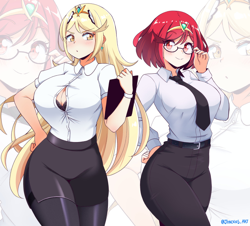 2girls absurdres adjusting_eyewear alternate_costume belt black_belt black_bra black_necktie black_pants black_pantyhose black_skirt blonde_hair bra bra_peek bralines breasts button_gap buttons closed_mouth collared_shirt earrings english_commentary hand_on_eyewear hand_on_own_hip highres holding holding_tablet_pc jarckius jewelry large_breasts long_hair long_sleeves looking_at_another multiple_girls mythra_(xenoblade) necktie office_lady pants pantyhose parted_lips pencil_skirt pyra_(xenoblade) red_eyes red_hair semi-rimless_eyewear shirt shirt_tucked_in short_hair short_sleeves skirt smile tablet_pc tiara twitter_username underwear white_shirt xenoblade_chronicles_(series) xenoblade_chronicles_2 yellow_eyes zoom_layer