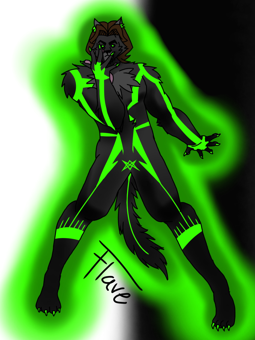 3:4 absurd_res bent_legs black_and_white black_and_white_background black_sclera brown_hair canid canine canis colored_nails fan_character flave fluffy fluffy_chest fluffy_tail fur fur_markings green_eyes green_nails hair hi_res inner_ear_fluff jojo's_bizarre_adventure jojo_pose male mammal manly markings medium_hair monochrome nails percy_amodae_(flave) pose sigil_(symbol) signature solo tail tuft wolf