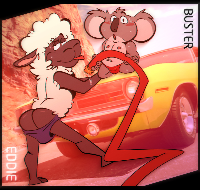 anthro bovid bulge buster_moon butt caprine clothing duo eddie_noodleman illumination_entertainment koala male mammal marsupial sheep sing_(movie) speedo swimwear the-alfie-incorporated vehicle vombatiform