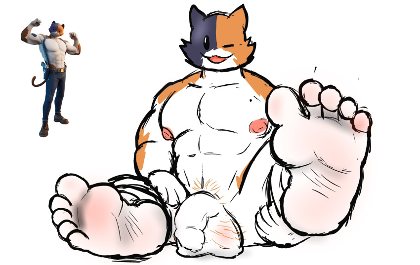 2023 5_toes abs anthro areola balls biceps black_body black_fur body_hair calico_cat digital_media_(artwork) domestic_cat epic_games feet felid feline felis flaccid foot_fetish foot_focus foreskin fortnite fur genitals hairy_balls hi_res humanoid_feet humanoid_genitalia humanoid_penis male mammal meowscles nipples one_eye_closed open_mouth open_smile orange_body orange_fur pecs penis plantigrade pubes reference_image simple_background smile soles solo sscheese toes unretracted_foreskin white_background wink