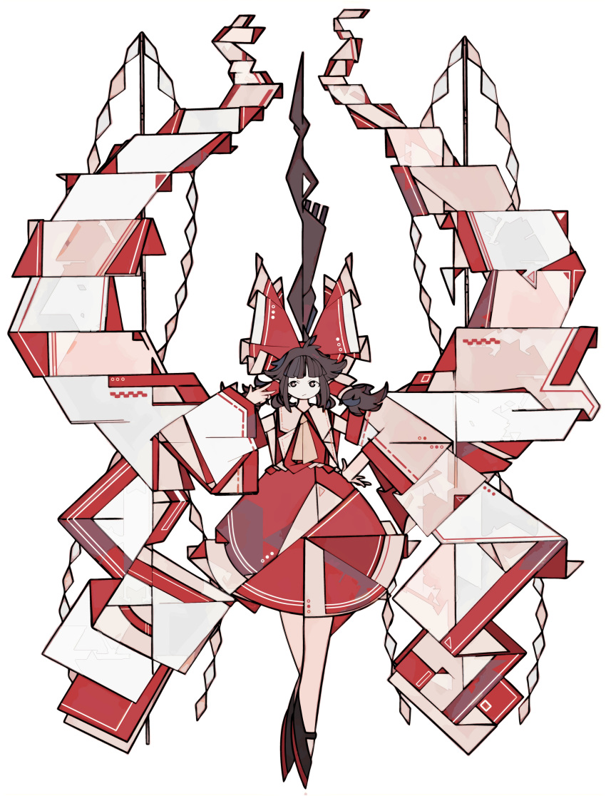 1girl abstract absurdres adapted_costume ascot black_footwear bow brown_eyes brown_hair closed_mouth commentary_request detached_sleeves floating_clothes floating_hair full_body gohei hair_bow hair_tubes hakurei_reimu hand_on_own_hip hand_up harano_kaguyama highres long_hair long_sleeves mary_janes ponytail red_bow red_skirt red_vest shide shoes sidelocks simple_background skirt skirt_set solo standing tiptoes touhou very_long_hair vest w white_background wide_sleeves yellow_ascot