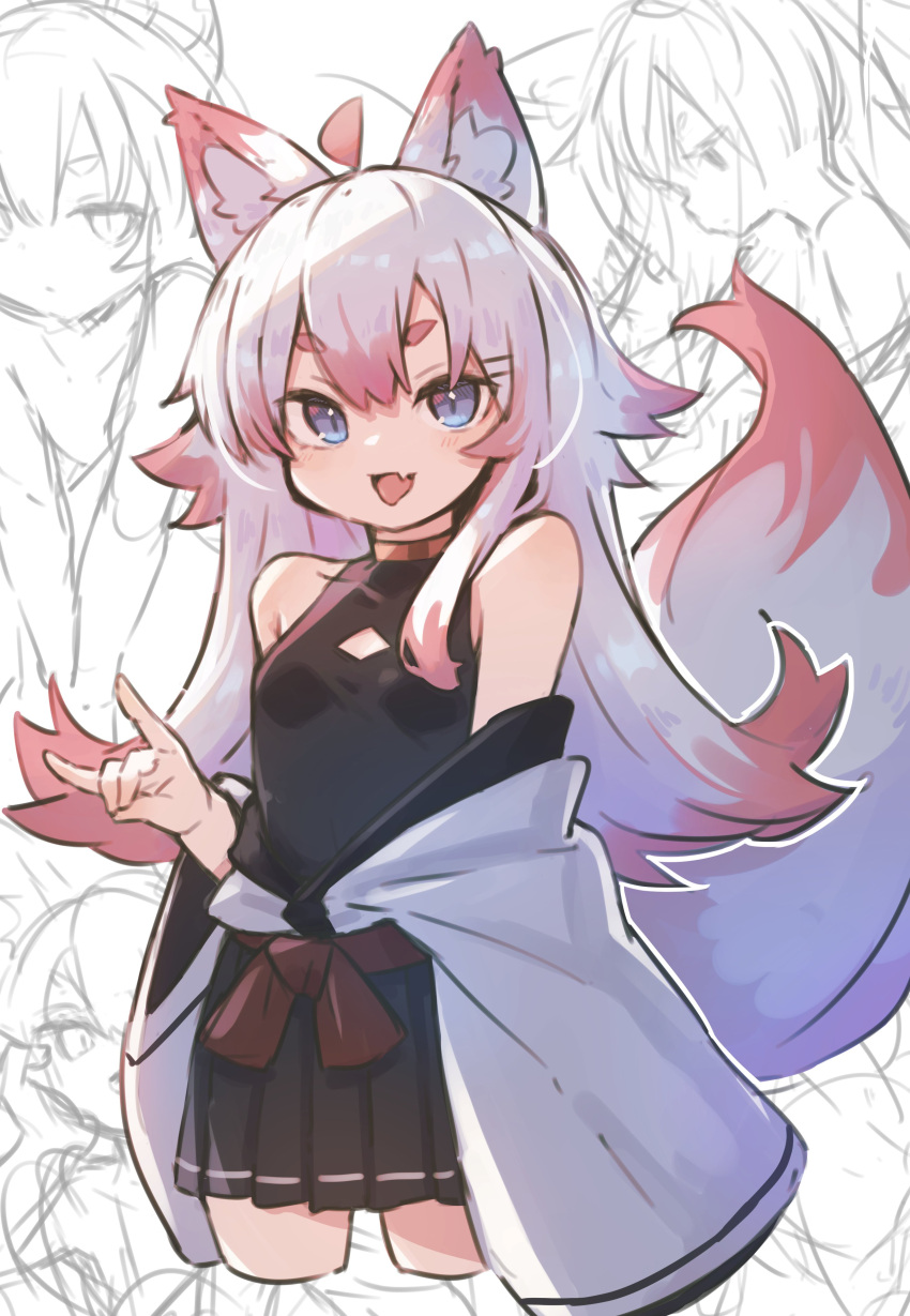 1girl :d :p absurdres animal_ear_fluff animal_ears bare_shoulders black_shirt blue_eyes breasts clothes_down fox_ears fox_girl fox_shadow_puppet fox_tail highres imibi_(zizi_niisan) japanese_clothes kimono kimono_skirt long_hair long_sleeves looking_at_viewer miniskirt multicolored_hair original pleated_skirt red_hair shirt sketch skirt sleeveless sleeveless_shirt small_breasts smile tail tight tight_shirt tongue tongue_out two-tone_hair white_hair zizi_niisan