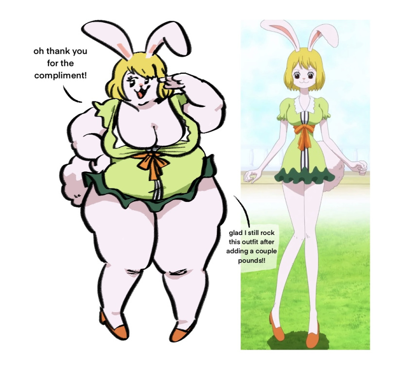 2023 anthro blonde_hair breasts carcupholder carrot_(one_piece) cleavage clothed clothing english_text eyelashes female fur hair lagomorph leporid long_ears mammal minkmen_(one_piece) one_piece open_mouth overweight overweight_anthro overweight_female rabbit scut_tail short_tail solo tail text white_body white_fur