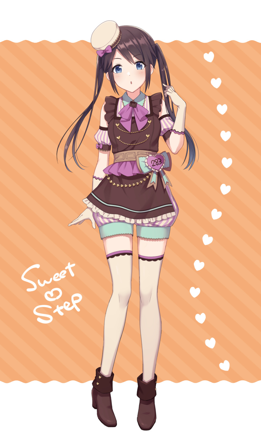 1girl absurdres ankle_boots apron arm_guards black_hair blue_eyes blush boots bow bowtie breasts brown_apron brown_sash dot_nose elbow_gloves english_text full_body gloves hair_bow hand_up hat hat_ribbon heart heart_background highres idolmaster idolmaster_shiny_colors long_hair looking_at_viewer mini_hat mitsumine_yuika open_mouth orange_background pink_bow pink_bowtie pink_ribbon pink_shirt pink_shorts ribbon saka_nanato shirt shorts small_breasts solo standing striped striped_background striped_shirt striped_shorts text_background thighhighs twintails two-tone_background white_gloves white_thighhighs