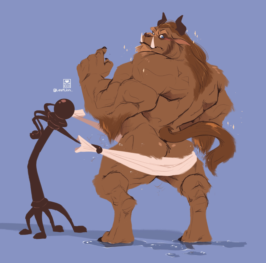 absurd_res animate_inanimate anthro back_muscles beast_(disney) beauty_and_the_beast big_arms big_hands blue_eyes brown_body brown_fur bubble butt claws digital_media_(artwork) digitigrade disney drying fur ginkko hi_res horn hybrid looking_at_viewer looking_back looking_back_at_viewer male mammal monotone_background monster muscular muscular_arms muscular_legs solo sparkles towel tusks water watermark wet
