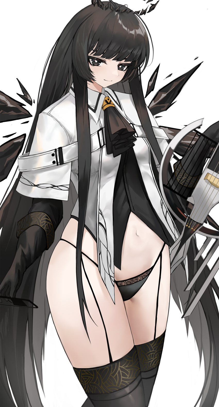 1girl absurdres antenna_hair arknights ascot ass bare_hips belt belt_buckle black_ascot black_eyes black_garter_straps black_gloves black_hair black_halo black_panties black_shirt black_thighhighs black_wings blunt_bangs bow_(music) breasts broken_halo buckle cello closed_mouth collared_jacket colored_inner_hair commentary cowboy_shot dark_halo detached_wings dress_shirt energy_wings from_side garter_straps gloves grey_hair groin halo hand_up highleg highleg_panties highres hime_cut holding holding_bow_(music) holding_instrument holding_violin instrument jacket layered_sleeves light_smile long_hair long_sleeves looking_at_viewer mole mole_under_eye multicolored_hair narrow_waist navel pale_skin panties shirt short_over_long_sleeves short_sleeved_jacket short_sleeves sidelocks simple_background skindentation small_breasts solo standing stomach symbol-only_commentary thighhighs thighs two-tone_hair underwear very_long_hair violin virtuosa_(arknights) white_background white_belt white_jacket wide_sleeves wing_collar wings yuweishizi