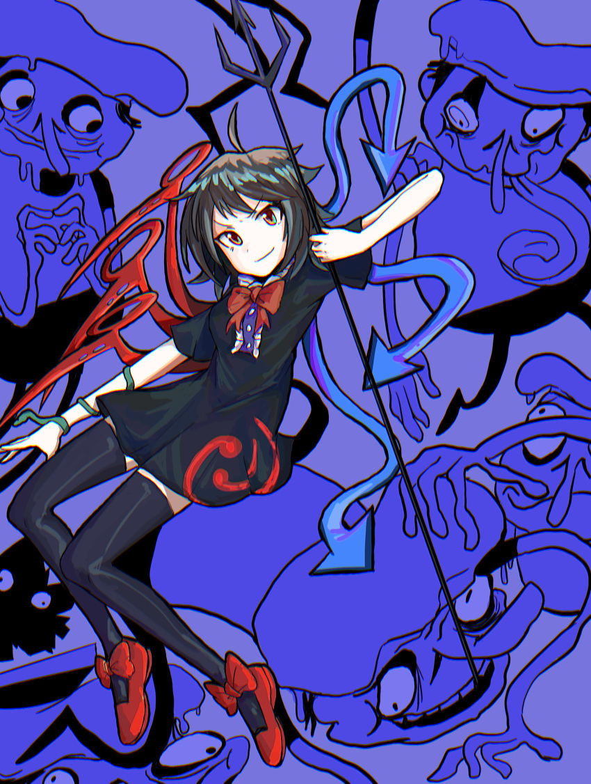 1girl 5boys ahoge asymmetrical_wings black_dress black_hair black_thighhighs blue_wings bow bowtie breasts chef_hat chromatic_aberration clone commentary dress facial_hair fake_peppino footwear_bow full_body hat highres holding holding_trident houjuu_nue index_fingers_together long_arms long_nose long_tongue looking_at_viewer medium_breasts melting multiple_boys mustache open_mouth pizza_tower polearm purple_background red_bow red_bowtie red_eyes red_footwear red_wings shirt shoes short_hair short_sleeves smile snake solo_focus stunionjy teeth thighhighs tongue touhou trident v-shaped_eyebrows weapon wings zettai_ryouiki