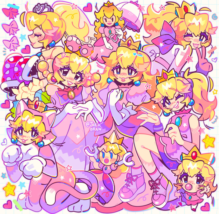 6+girls baby_peach biker_peach blonde_hair blue_eyes cat_peach crown earrings elbow_gloves full_body gem gloves hair_between_eyes heart highres jack0ran jewelry long_hair looking_at_viewer mario_(series) mario_kart mario_vs._donkey_kong_2:_march_of_the_minis multiple_girls new_super_mario_bros._u_deluxe one_eye_closed open_mouth paper_mario peachette pink_thighhighs piranha_plant ponytail princess_peach princess_peach_(wedding) ribbon short_sleeves smile super_crown super_mario_3d_world super_mario_odyssey thighhighs umbrella v white_gloves