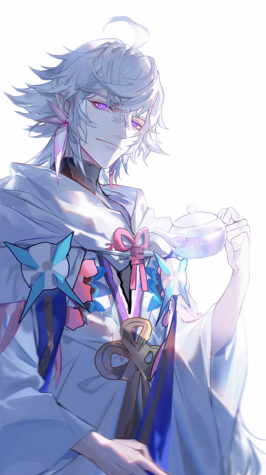 1boy absurdres closed_mouth earrings fate/grand_order fate_(series) hair_between_eyes highres holding holding_teapot hood hood_down jewelry kiki7 light_smile long_sleeves looking_at_viewer male_focus merlin_(fate) purple_eyes solo teapot white_background white_hair wide_sleeves