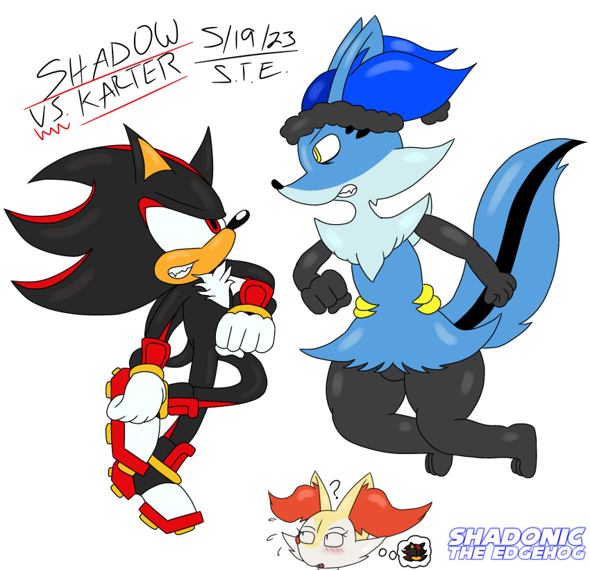 angry anthro battle braixen canid canine eulipotyphlan fan_character female fight fighting_pose fox generation_6_pokemon group hedgehog hi_res hybrid karter_(thixxen) male male/female male/male mammal nintendo pokemon pokemon_(species) pose sega shadonic_the_edgehog_(artist) shadow_the_hedgehog signature sonic_the_hedgehog_(series) sonic_the_hedgehog_evil_heroes surprised_expression thixxen trio