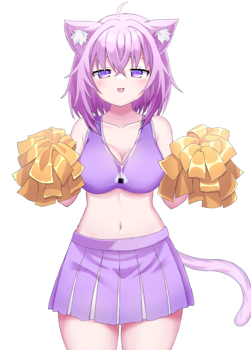 1girl :3 absurdres ahoge animal_ear_fluff animal_ears blush bra breasts cat_ears cat_tail cheerleader cleavage collarbone commentary_request cowboy_shot crossed_bangs curvy eyebrows_hidden_by_hair facing_viewer hair_between_eyes highres hololive kajitsu_no_hito large_breasts looking_at_viewer medium_hair midriff miniskirt nekomata_okayu onigiri_print open_mouth pleated_skirt pom_pom_(cheerleading) purple_bra purple_eyes purple_hair purple_skirt purple_tail simple_background skirt smile solo sparkling_eyes spiked_hair sports_bra standing stomach straight-on tail underwear virtual_youtuber white_background