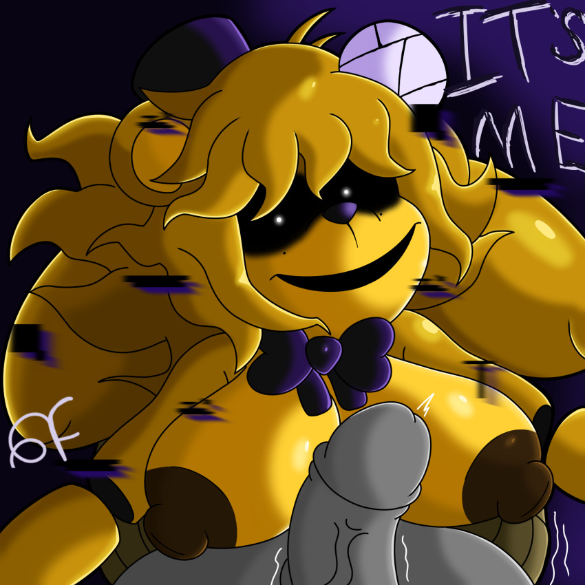 all_fours animatronic anthro bear big_breasts blonde_hair bomba_world12 bow_tie breasts clothing faceless_character faceless_male female first_person_view five_nights_at_freddy's fur golden_freddy_(fnaf) golden_fredina_(cally3d) hair hat headgear headwear hi_res looking_at_viewer machine male male/female mammal robot scottgames top_hat yellow_body yellow_fur