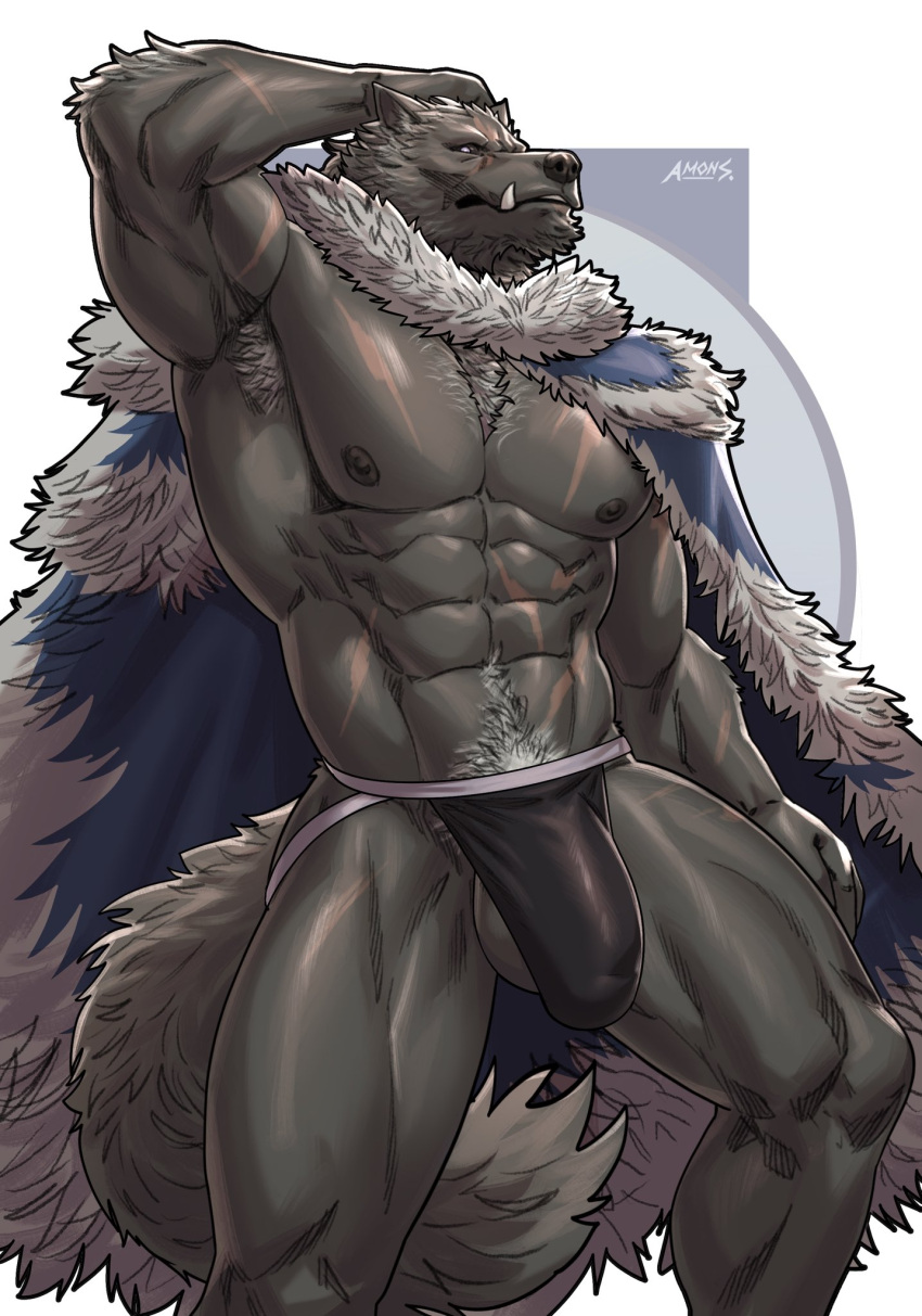 abs amon-sydonai anthro armpit_hair balls balls_slip biceps big_muscles black_clothing black_nipples black_sclera blaidd_(elden_ring) body_hair boots bottomwear bulge canid canine canis chest_tuft cloak clothed clothing elden_ring footwear fromsoftware fur genitals grey_body grey_fur hi_res male mammal muscular muscular_anthro muscular_male nipples panties pants partially_clothed pecs pubes purple_eyes scar scars_all_over solo tuft underwear wolf