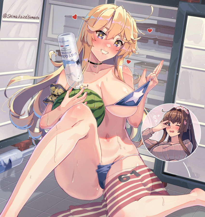 2girls alcohol armlet blue_eyes blush bottle breasts brown_hair choker cleavage drunk embarrassed food fruit glass_bottle grin hair_between_eyes hair_intakes heart highres himeyamato holding holding_food holding_fruit iowa_(kancolle) kantai_collection knee_up large_breasts long_hair looking_at_viewer messy messy_hair mixed-language_commentary multiple_girls navel on_ground one_eye_closed open_mouth red_eyes removing_bikini_top smile solo_focus star-shaped_pupils star_(symbol) symbol-shaped_pupils very_long_hair vodka watermelon yamato_(kancolle)