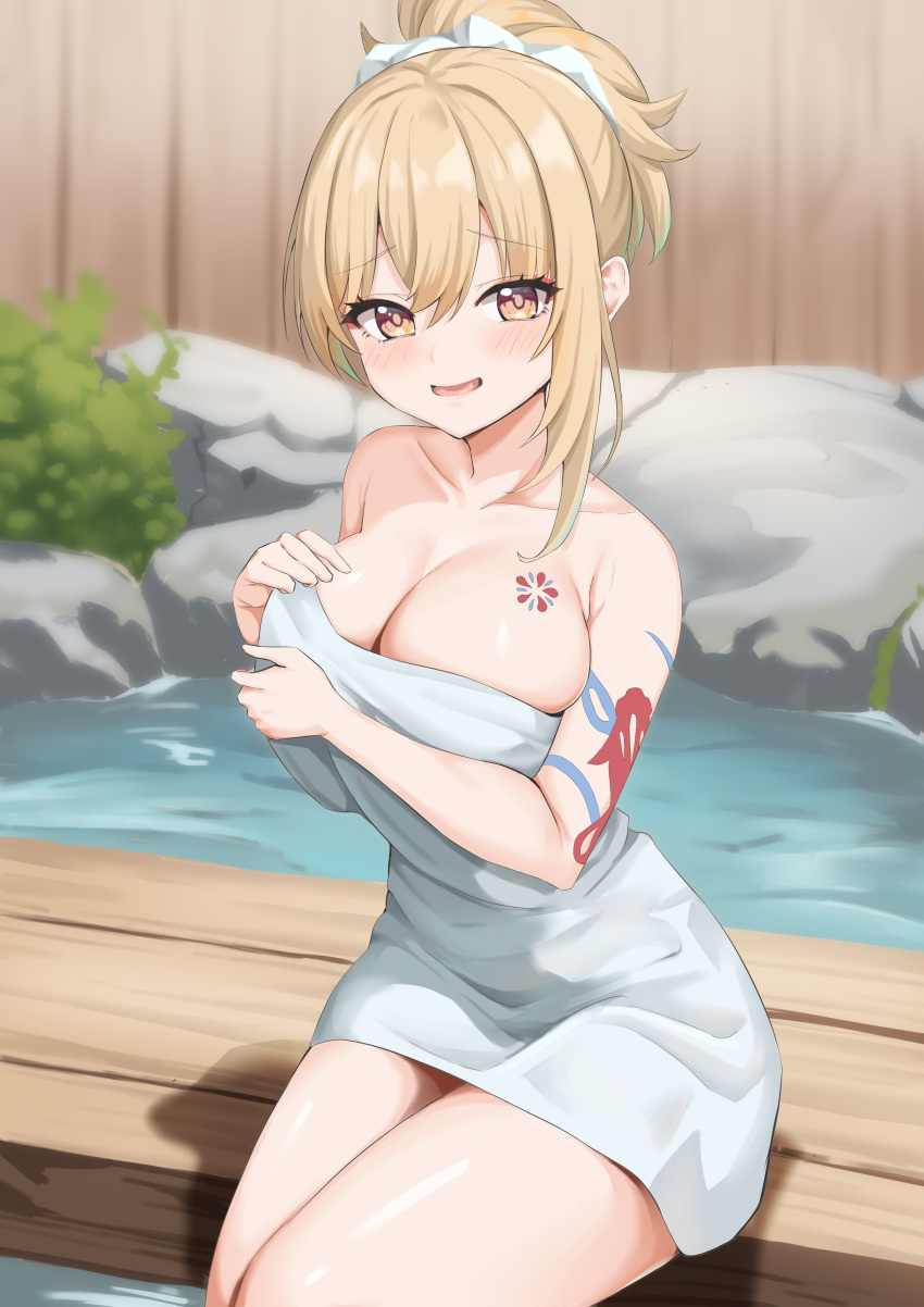 1girl absurdres arm_tattoo blonde_hair blush breast_tattoo breasts cleavage genshin_impact hair_ornament hair_tie highres large_breasts looking_at_viewer medium_hair naked_towel onsen open_mouth ponytail sitting solo tattoo towel ushimizu water yellow_eyes yoimiya_(genshin_impact)